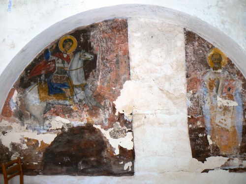 Frescă din secolul al XIV-lea, reprezentându-l pe Agios Georgios (sfântul Gheorghe), ucigând balaurul, biserica "Agios Ioannis Prodromos", Paleochora, insula Egina 